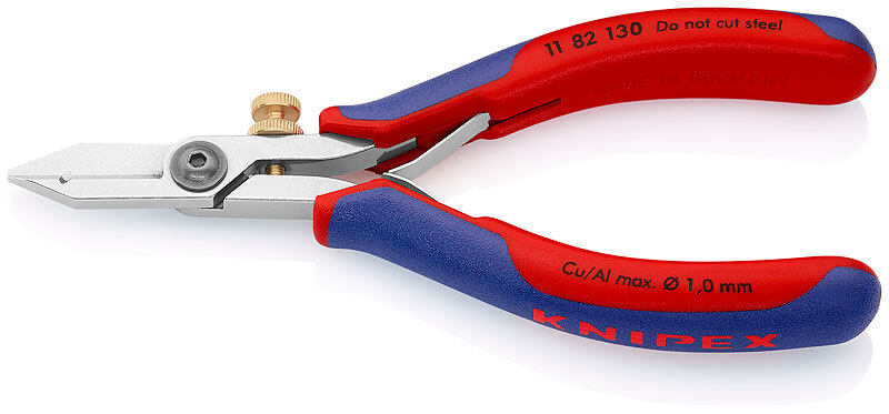 Стриппер-ножницы для электроники, для одно/много/тонкожил. кабеля, зачистка: ∅ 0.1 - 0.8 мм, пружина, L-140 мм, c регулировкой, 2-к ручки KNIPEX KN-1182130