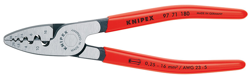 Пресс-клещи для обжима контактных гильз, кол-во гнезд: 9, 0.25 - 16.0 кв. мм (AWG 23 - 5), L-180 мм, 1-к ручки KNIPEX KN-9771180