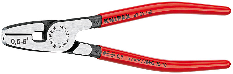 Пресс-клещи для обжима контактных гильз с торц. установкой, 1 гнездо, 0.5 - 6.0 кв. мм (AWG 20 - 10), L-180 мм, 1-к ручки KNIPEX KN-9781180