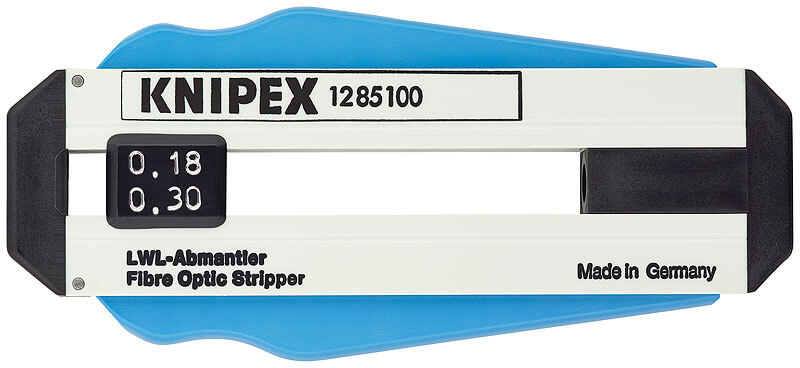 Стриппер-мини для удаления перв. оболочки оптоволокон. кабеля, реж. отв.: ∅ 0.18 мм, отв. для установки: ∅ 0.3 мм,зачистка:0.125 мм,L-100 мм, держатель KNIPEX KN-1285100SB