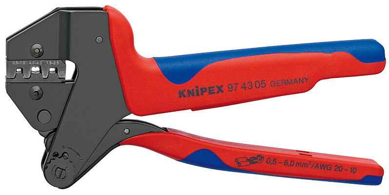 Инструмент для опрессовки системный со встроенным профилем обжима для неизолированных, открытых штекеров (ширина штекера 4,8 и 6,3 мм), L-200 мм KNIPEX KN-974305
