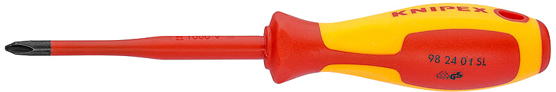 Отвертка крестовая PH1 тонкая VDE, длина лезвия 80 мм, L-187 мм, диэлектрическая, 2-компонентная рукоятка KNIPEX KN-982401SL