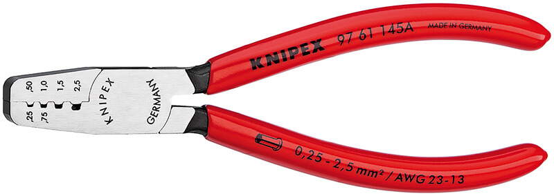 Пресс-клещи для обжима контактных гильз, кол-во гнезд: 4, 0.25 - 2.5 кв. мм (AWG 23 - 13), L-145 мм, 1-к ручки KNIPEX KN-9761145A