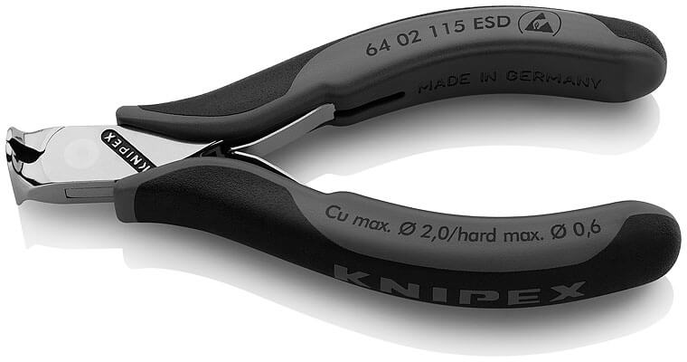 Кусачки торцевые ESD для электроники, антистатические, режущие кромки с маленькой фаской, с пружиной, рез: мягкая проволока ∅ 2 мм, проволока средней твёрдости ∅ 1 мм, твёрдая проволока ∅ 0.6 мм, L-115 мм, 2-к рукоятки KNIPEX KN-6402115ESD