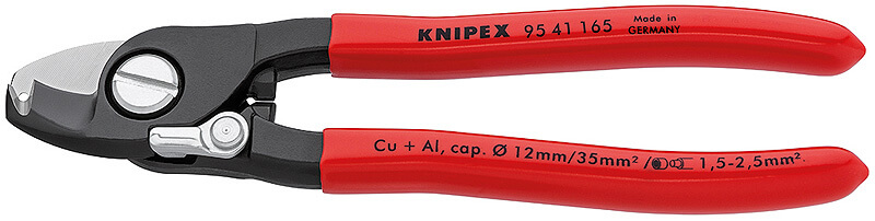 Кабелерез-стриппер многофункц. для NYM кабелей 3x1.5-5x2.5 кв. мм, пружина, рез: кабель ∅ 15 мм (50 кв. мм),зачистка: 1.5 + 2.5 кв. мм,L-165 мм,черн.,1-к ручки KNIPEX KN-9541165