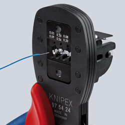 Пресс-клещи для мини-штекеров, параллельный обжим, штекеры D-Sub, HD 20, HDE, кол-во гнезд: 3, 0.03 - 0.56 кв. мм (AWG 32 - 20), L-190 мм, 2-к ручки KNIPEX KN-975424